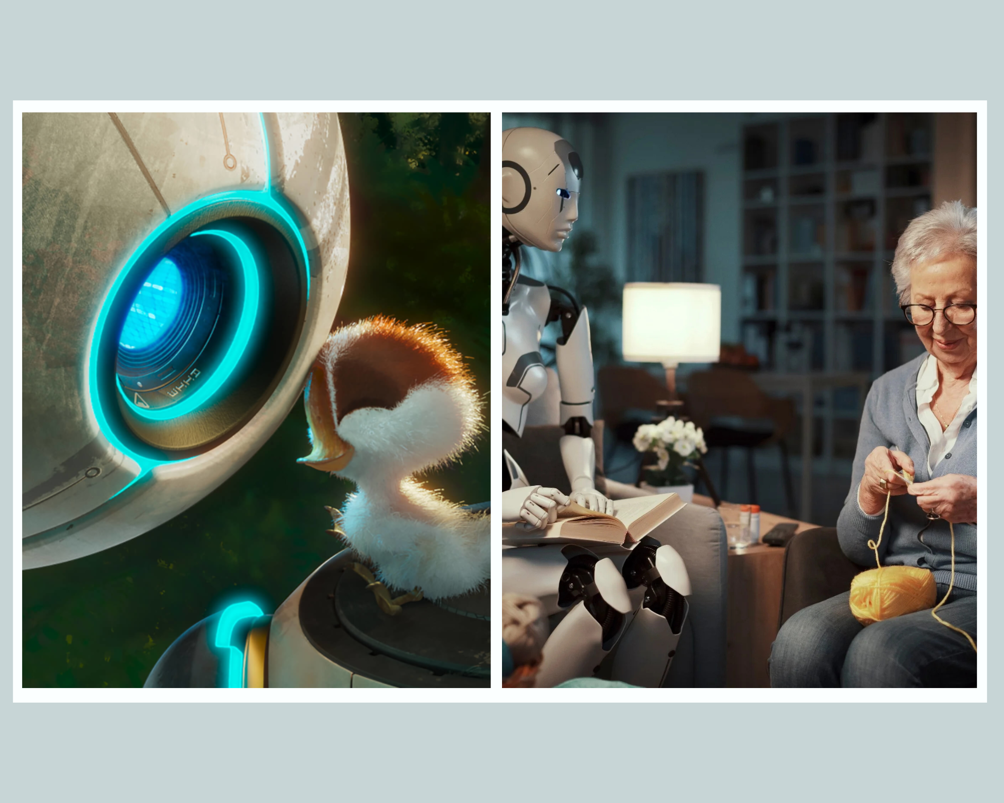 Auto-generated description: A futuristic scene shows a robot interacting with a small bird on the left, while another robot sits beside an elderly woman knitting in a cozy room on the right.