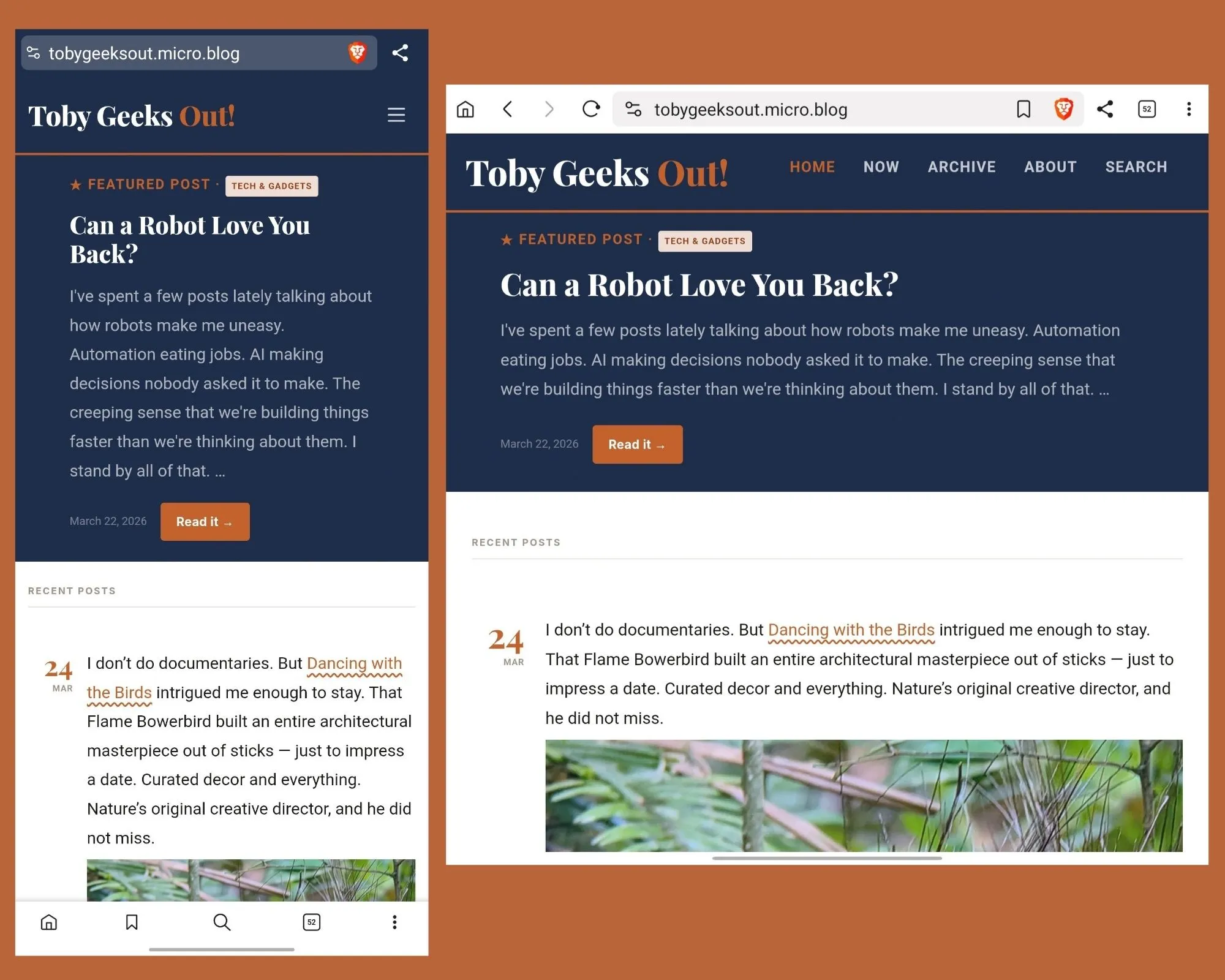 Auto-generated description: A blog webpage titled Toby Geeks Out! discusses the topic Can a Robot Love You Back? with recent posts and navigational menu options.