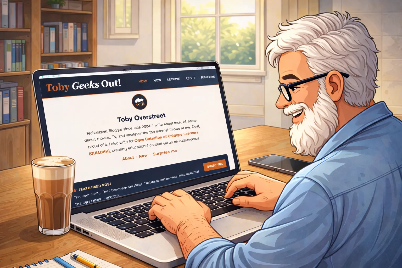 A illustration of someone tinkering on a laptop at a desk