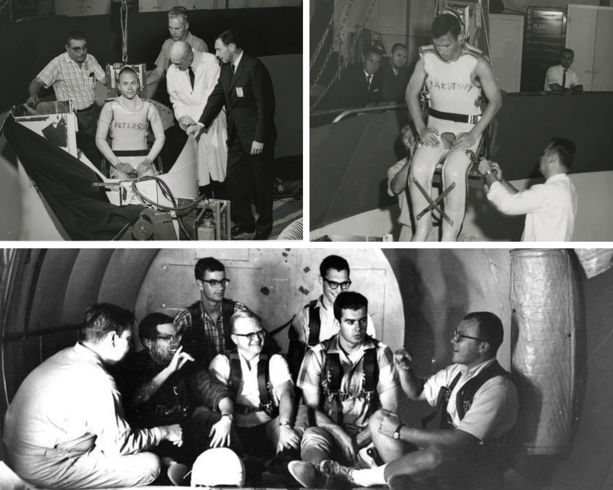 Auto-generated description: Three historical black-and-white photographs show people involved in experiments or training, with some wearing equipment and surrounded by observers or colleagues.