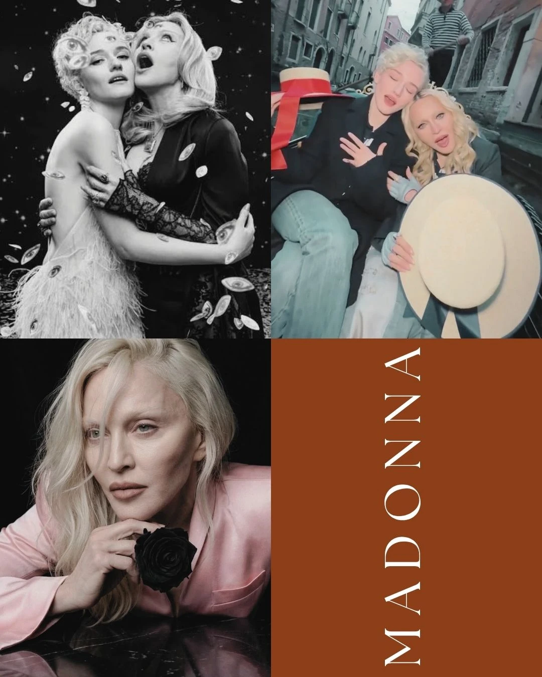 Auto-generated description: Four stylish photos showcase two women in playful and elegant poses, with MADONNA written in bold on a brown background.