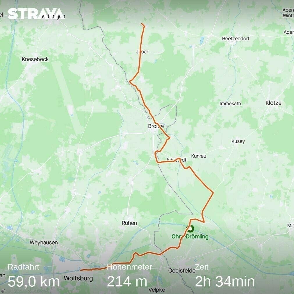 Strava Map with Stats Day One Ride Iron Curtain Trail. Start Wolfsburg, 59 km