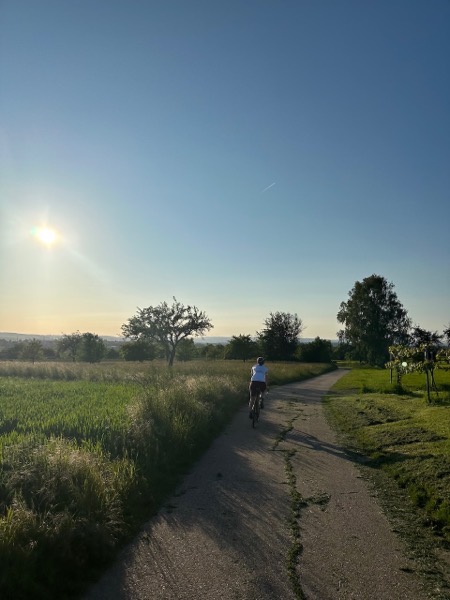 Woman on a gravel bike on a dirt road in the sunshine later in the evening.