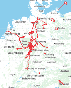 A map, mainly of Germany and neighboring countries, showing where I have cycled so far. (Mainly in Germany / Hesse, but also from Freiburg to Hamburg and in the Netherlands to the sea).