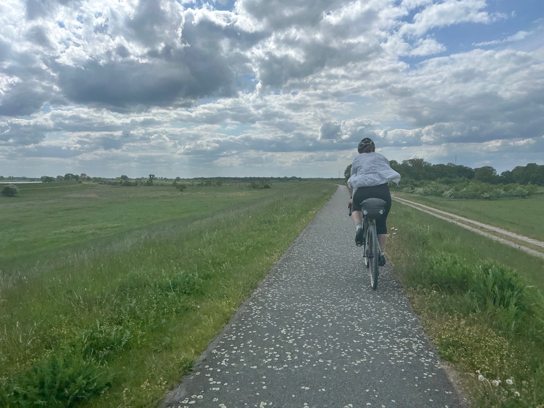 Woman on gravel bike riding on a narrow path on a dyke by the Elbe.