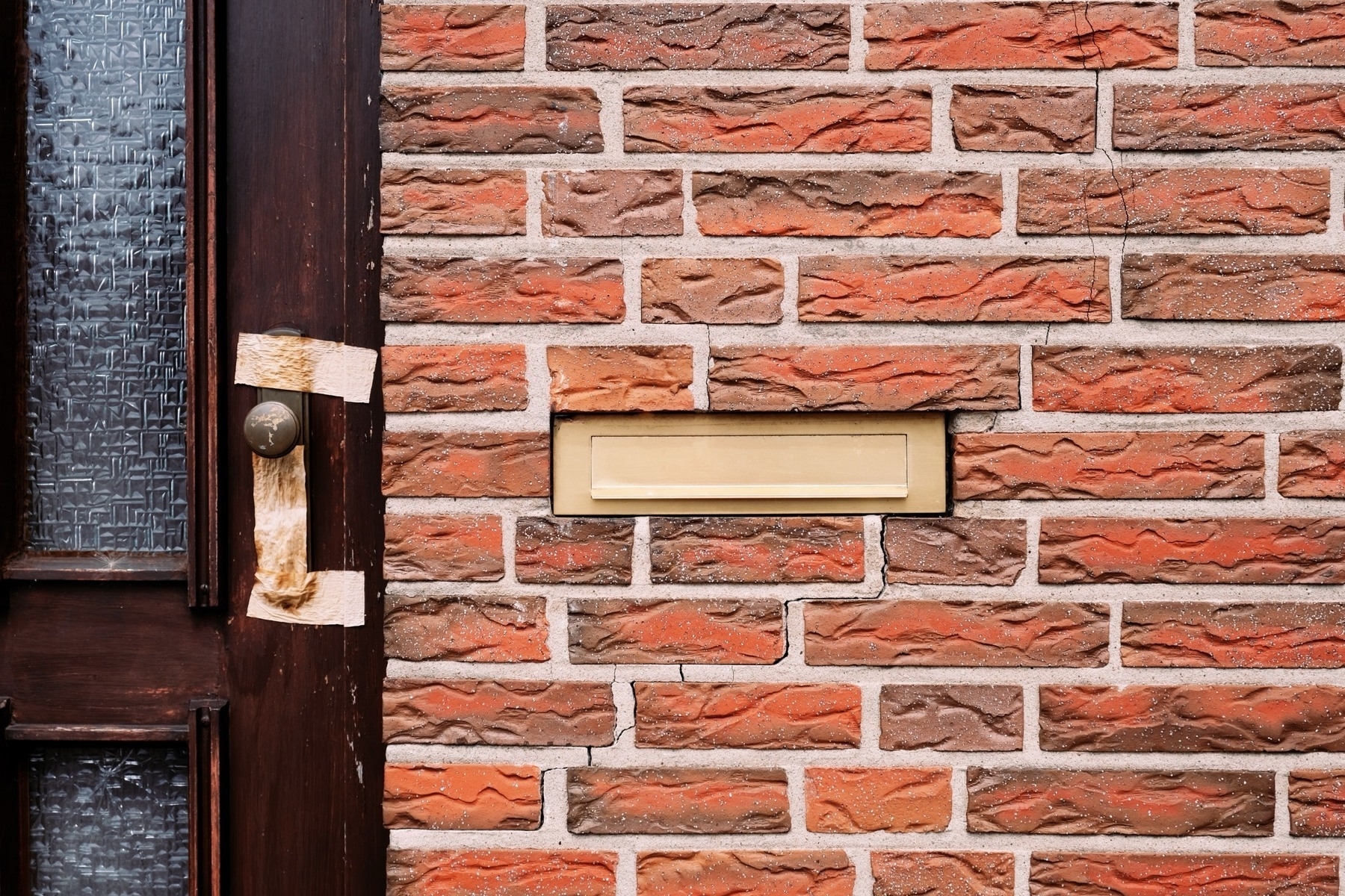 Brick wall of house with mailbox slot and door taped shut