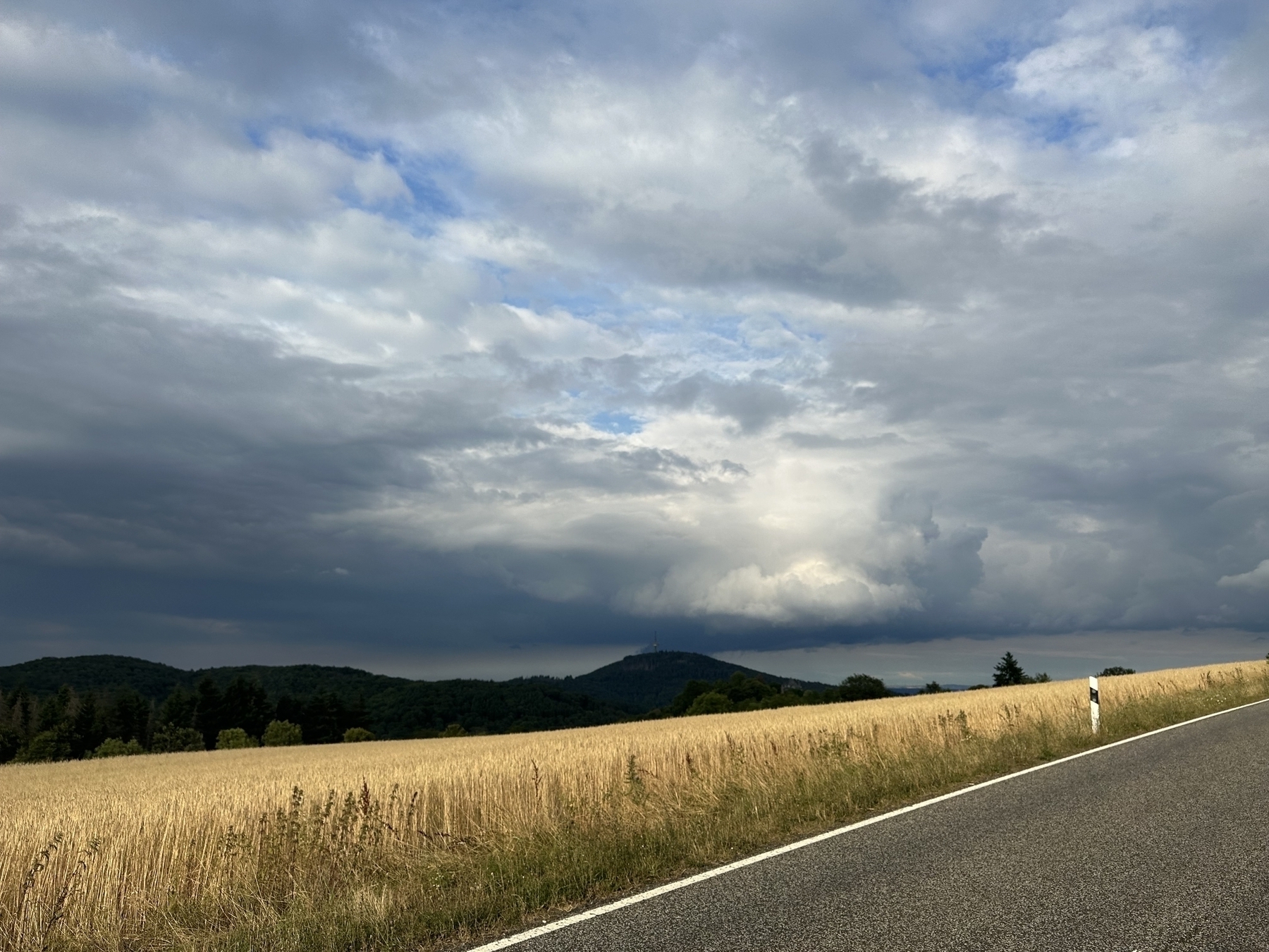 Detail of a road, grain field and dark clouds