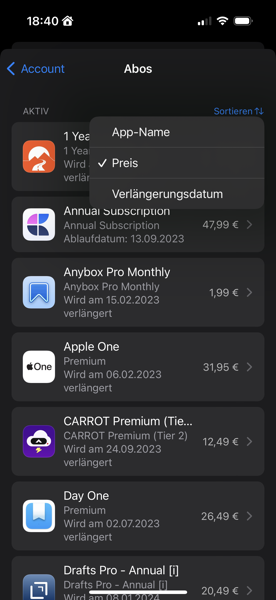 Screenshot iOS App Store - sorting option in subscriptions list not working