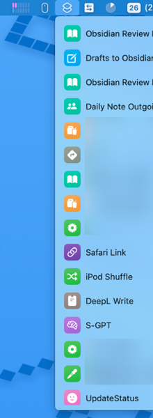 Screenshot of a list of shortcuts in the menu bar icon