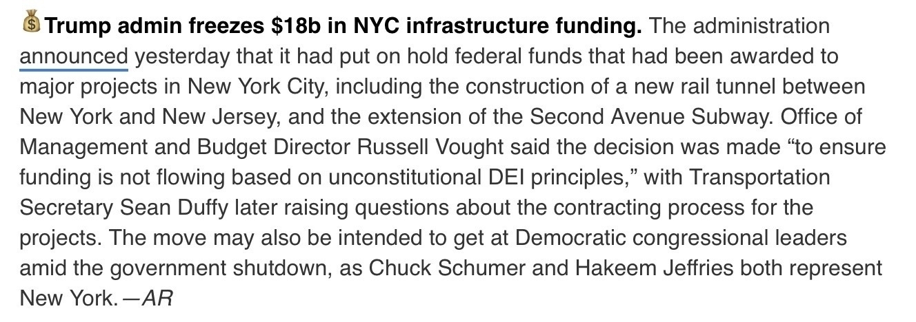 Article Summary saying Trump is withholding $18B for infrastructure from NY because of the gov’t shutdown
