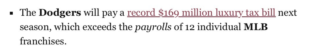 Headline: The Dodgers will pay a record $169 million luxury tax bill next season, which exceeds the payrolls of 12 individual MLB franchises.