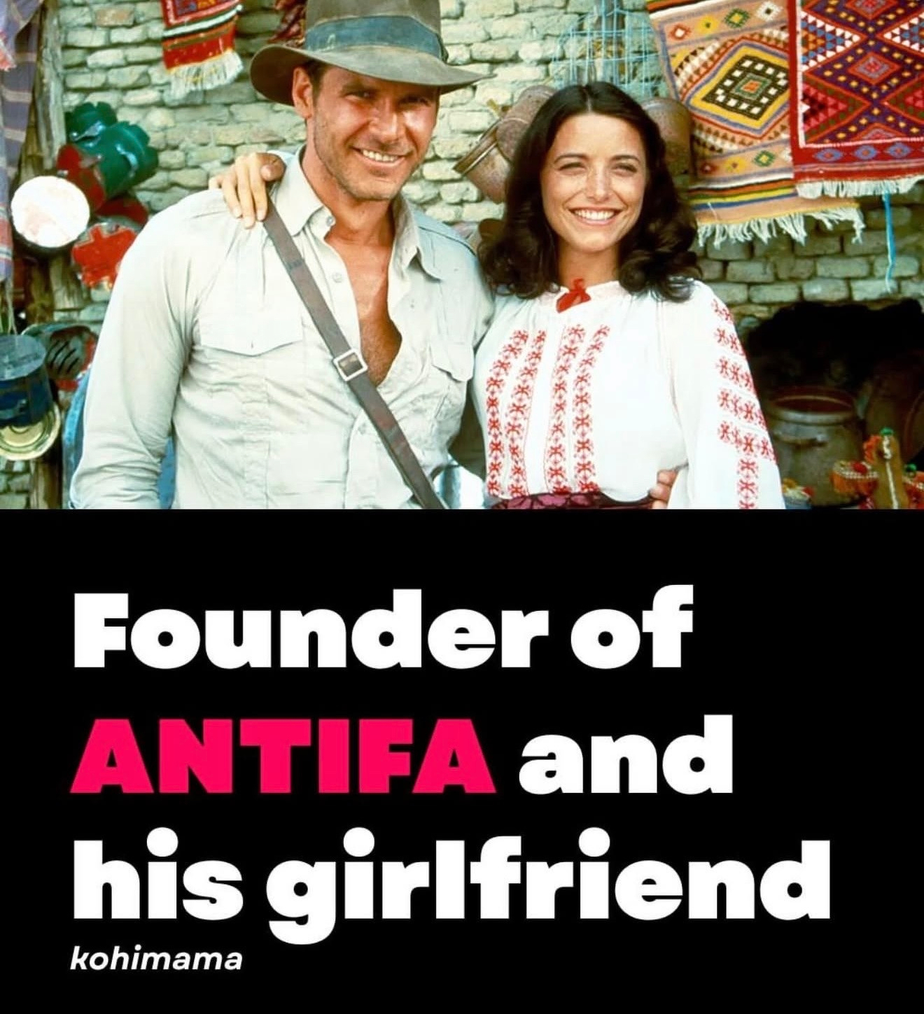A picture of Indiana Jones and Marion with the title “Founder of ANYIFA and his girlfriend”