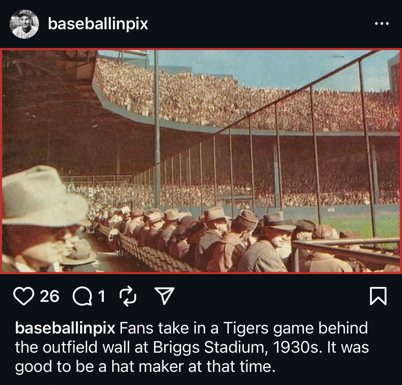 Vintage photo from Briggs Stadium in the 1930’s in Detroit. The crowd is pictured, and almost every man is wearing a hat.