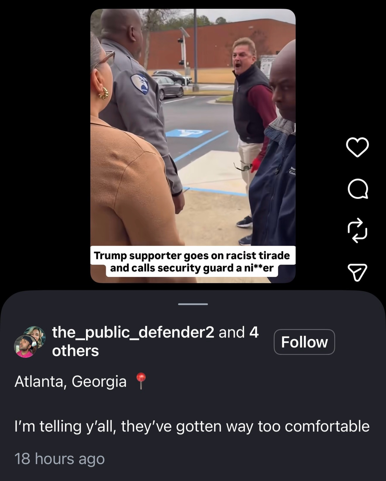 Video screenshot of a racist Trump supporter yelling at a security guard, calling him the N word over and over again.