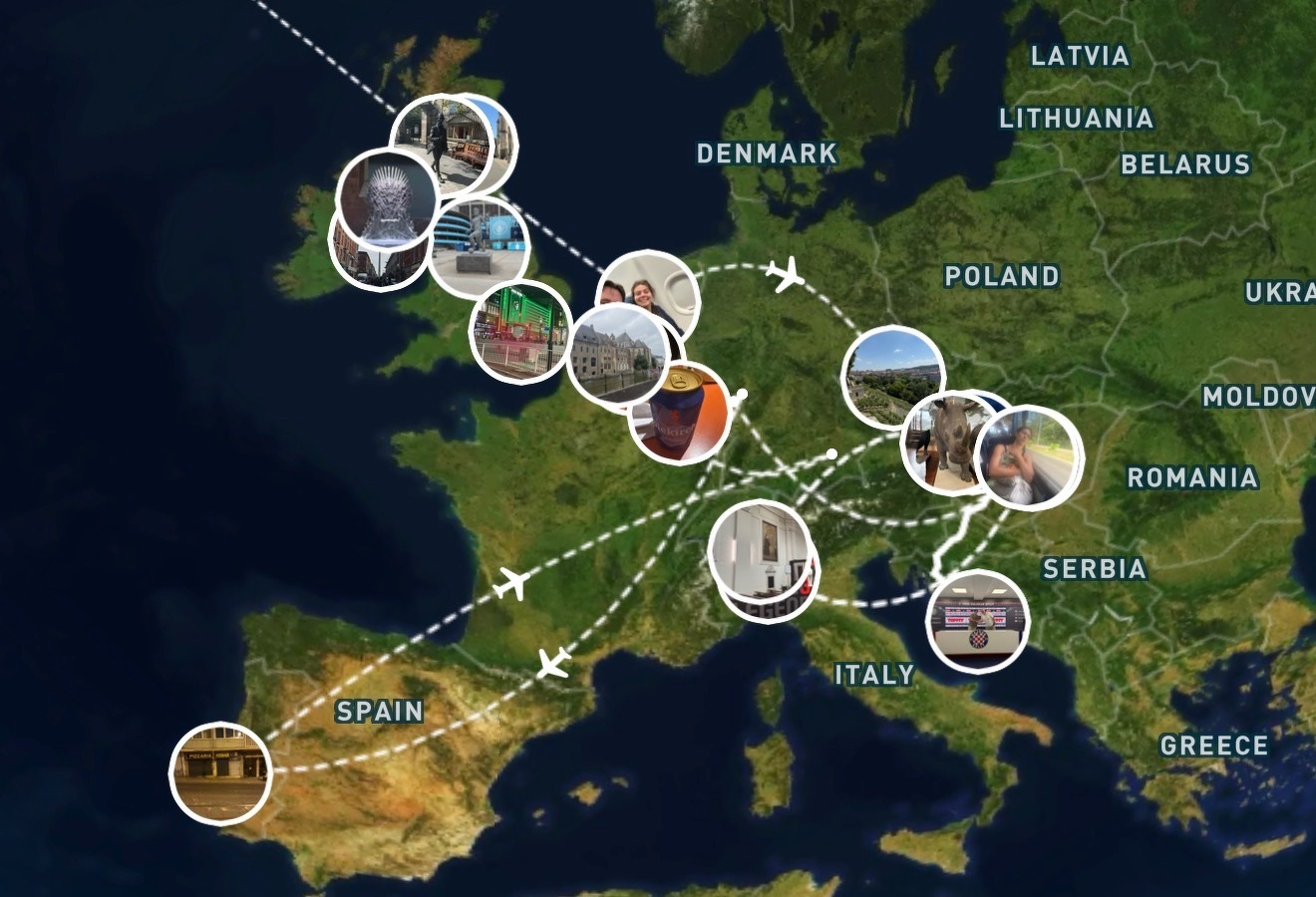 Map of Brian’s travels, including 18 markers for cities he visited this summer.