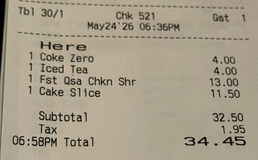 Receipt from dinner tonight…a soda and a tea were each $4.00