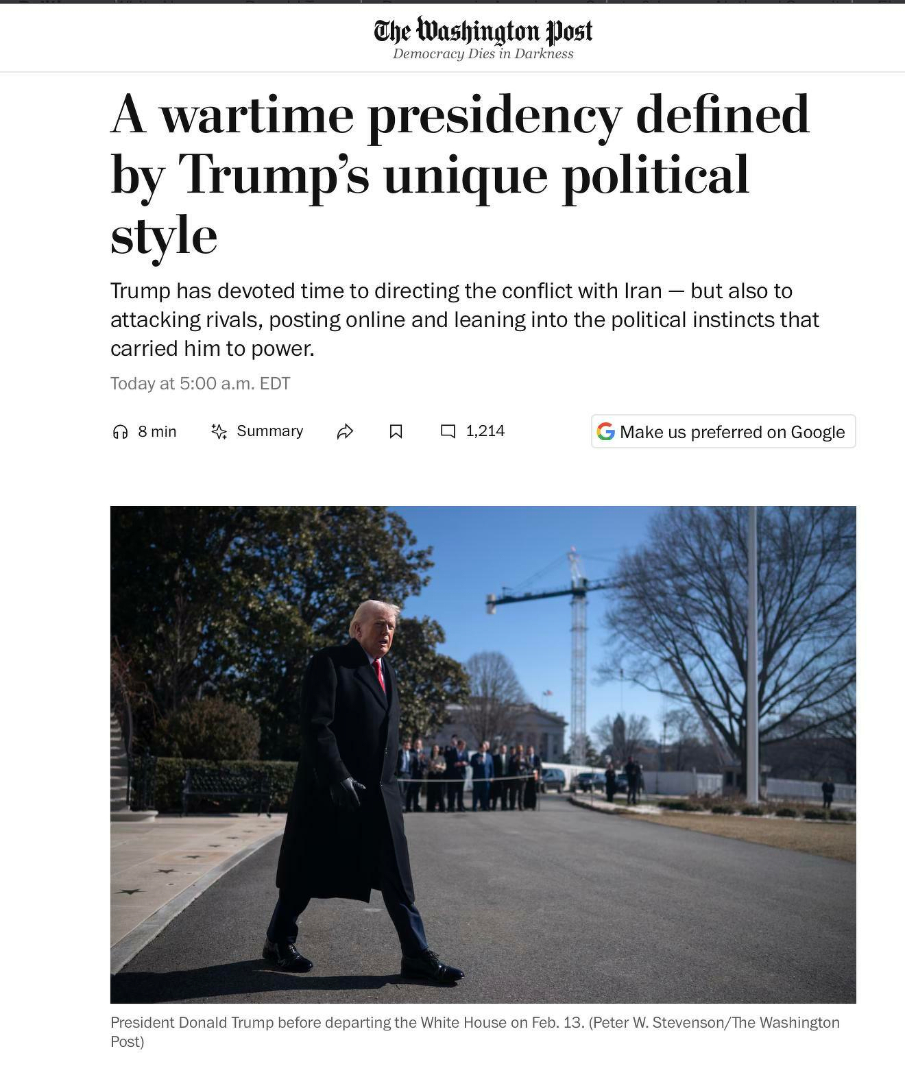 Washington Post headline: “A wartime presidency defined by Trump&rsquo;s unique political style”