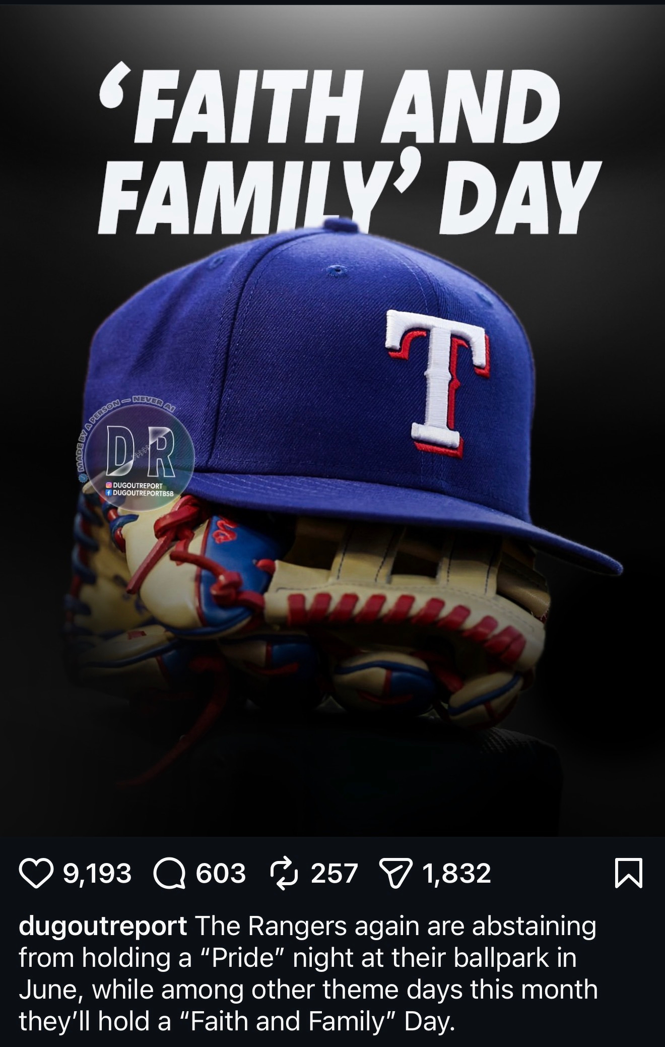 Instagram post stating: The Rangers again are abstaining from holding a “Pride” night at their ballpark in June, while among other theme days this month they’ll hold a “Faith and Family” Day.