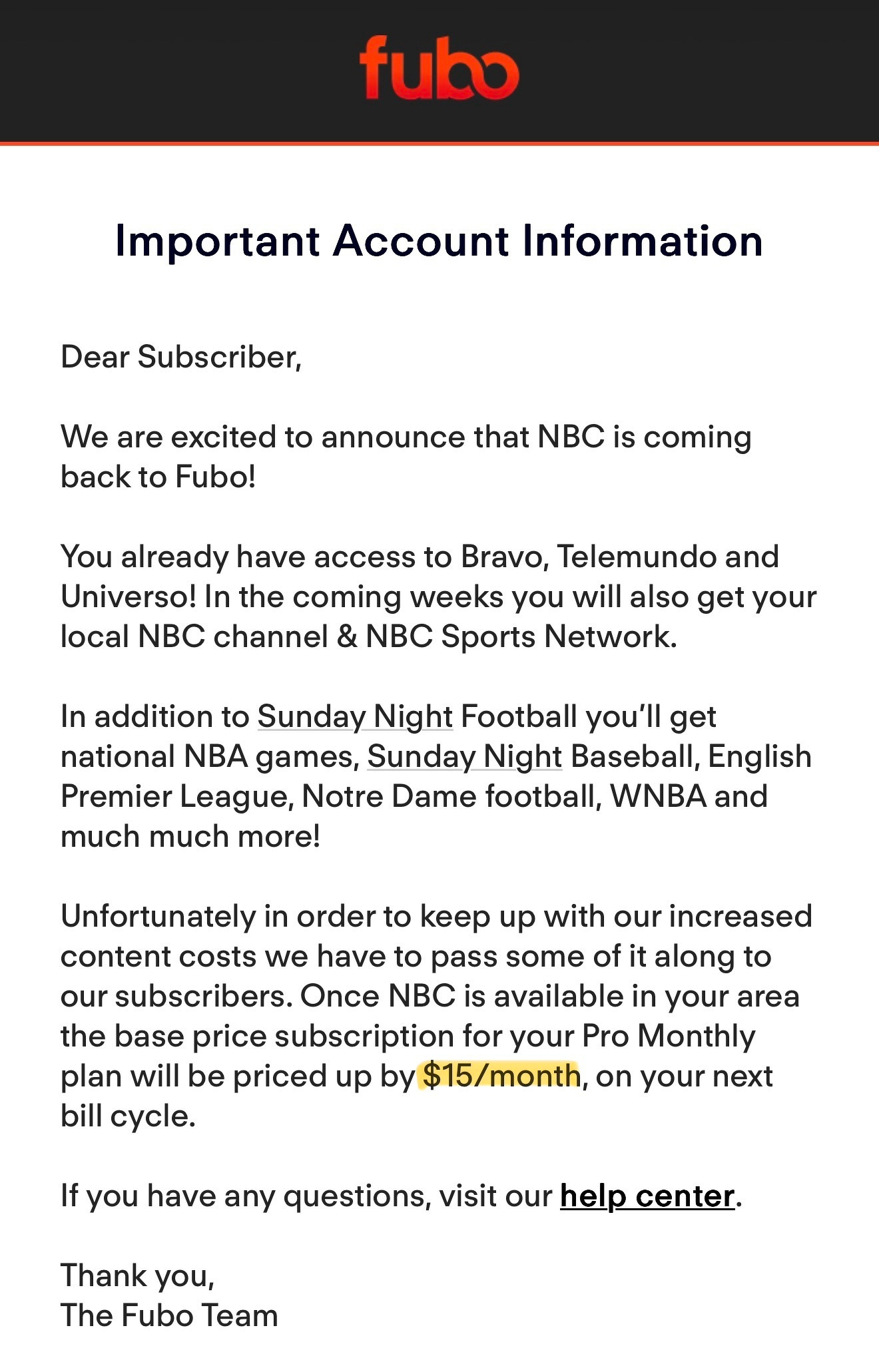 Email from Fubo about raising their monthly costs.