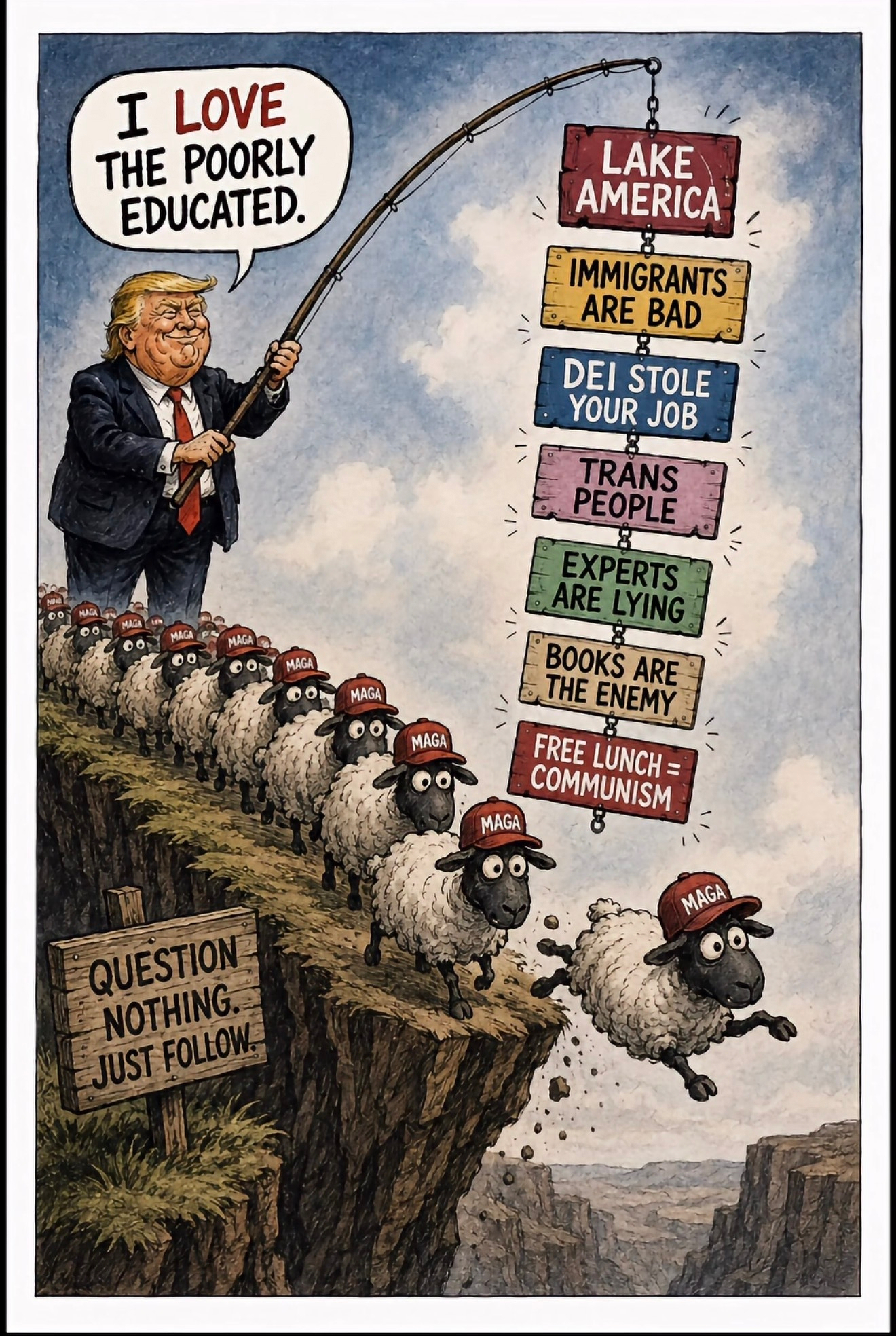 Political cartoon of Trump limiting MAGA sheep