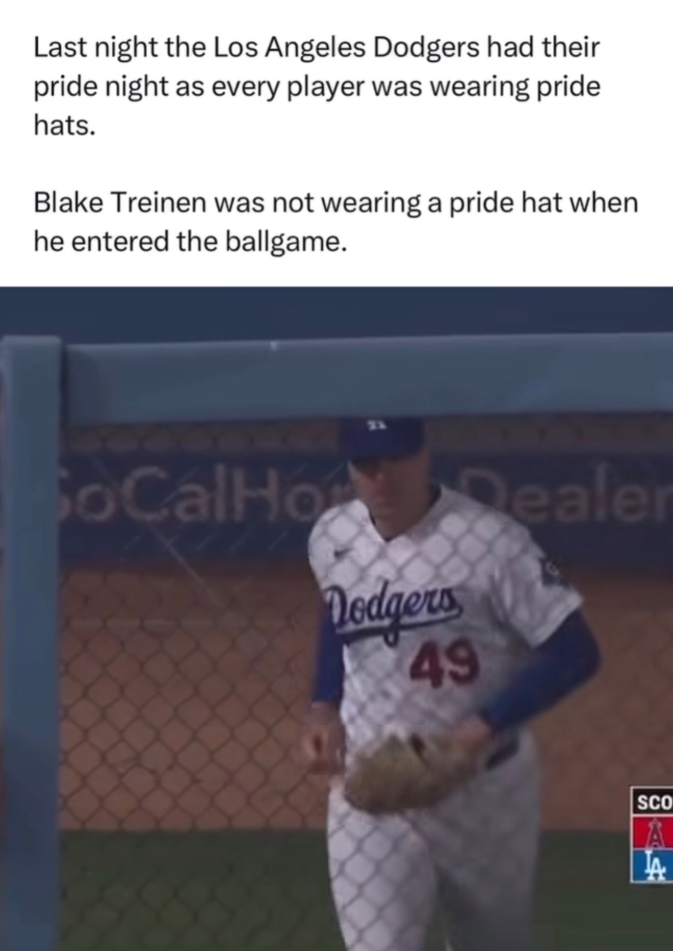 Image of the LA Dodgers’ reliever Blake Treinen entering last night’s game