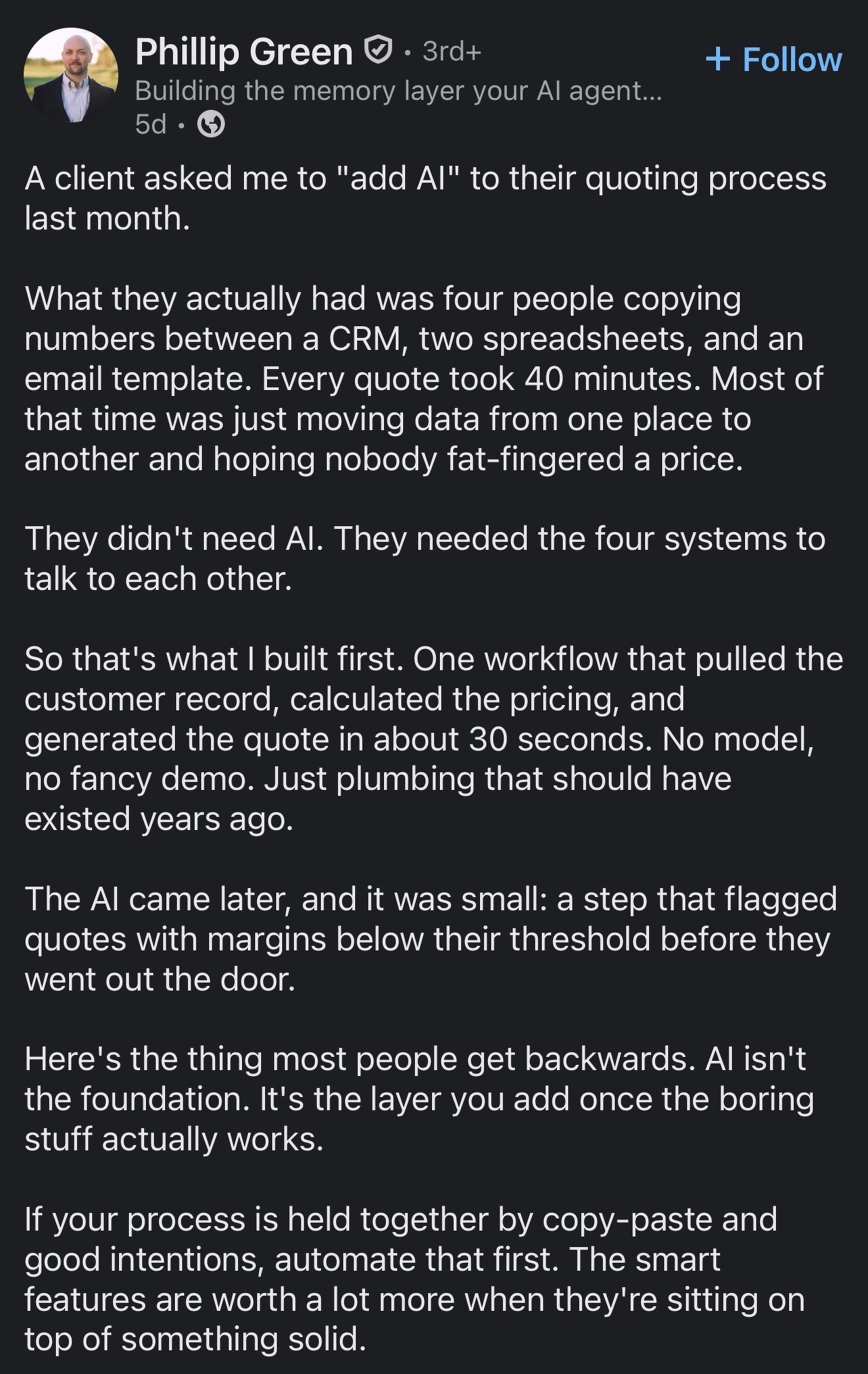LinkedIn post from someone named Philip Green about AI