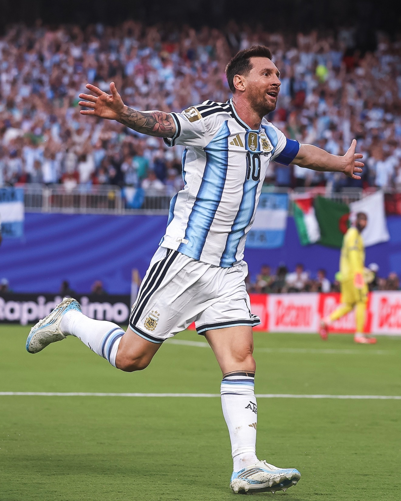 Lionel Messi after scoring his first of 3 goals in their opening World Cup game against Algeria