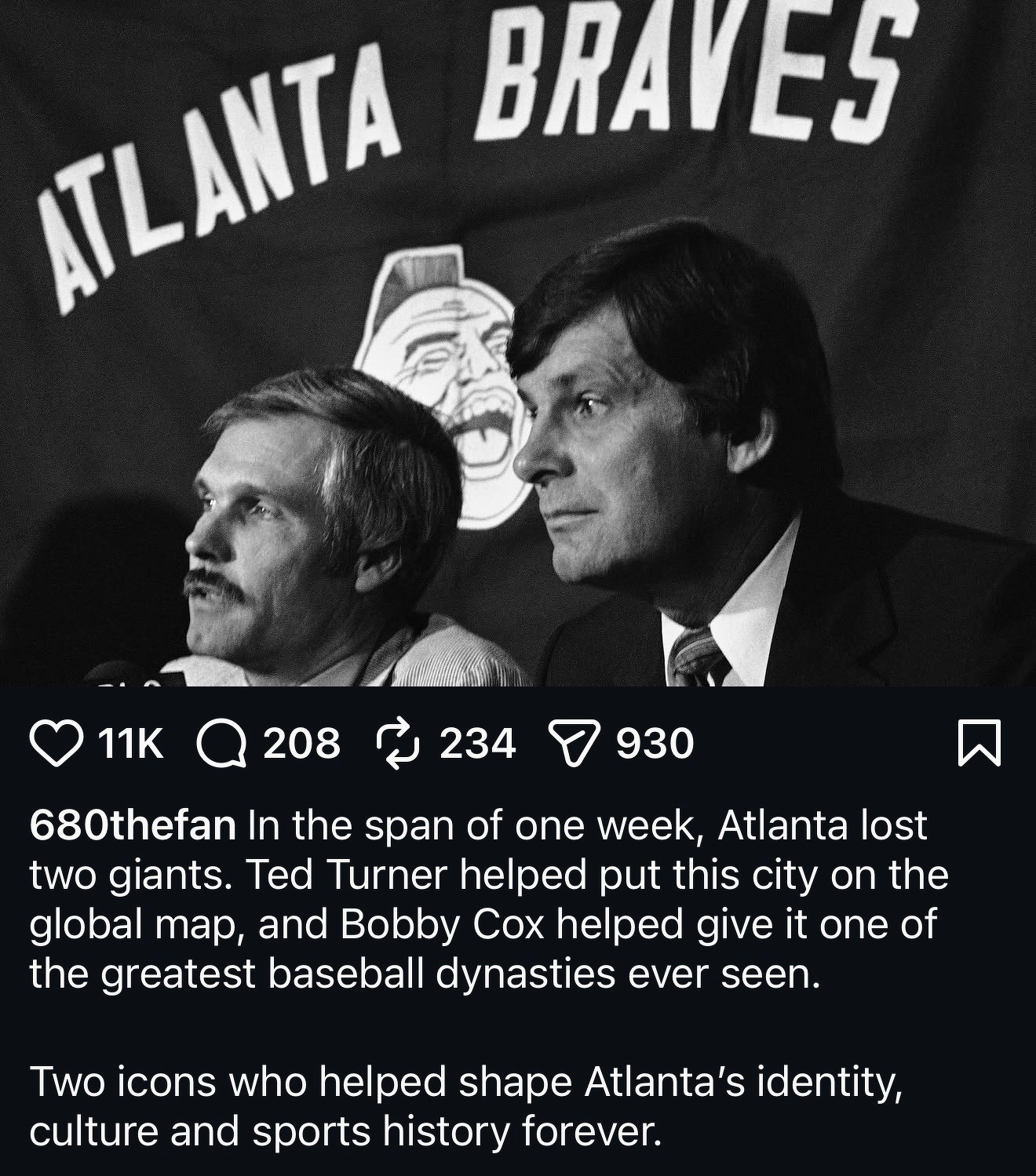 In the span of one week, Atlanta lost two giants. Ted Turner helped put this city on the global map, and Bobby Cox helped give it one of the greatest baseball dynasties ever seen. Two icons who helped shape Atlanta&rsquo;s identity, culture and sports history forever.