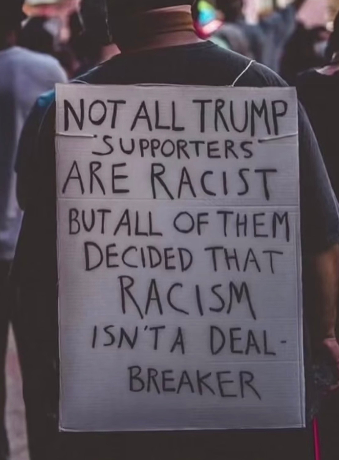 sign saying “NOT ALL TRUMP SUPPORTERS ARE RACIST, BUT ALL OF THEM DECIDED THAT RACISM ISN&rsquo;T A DEALBREAKER“