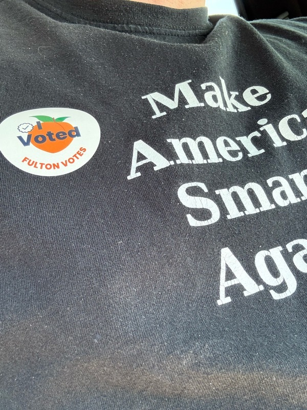 Picture of my t-shirt, with an “I Voted” sticker