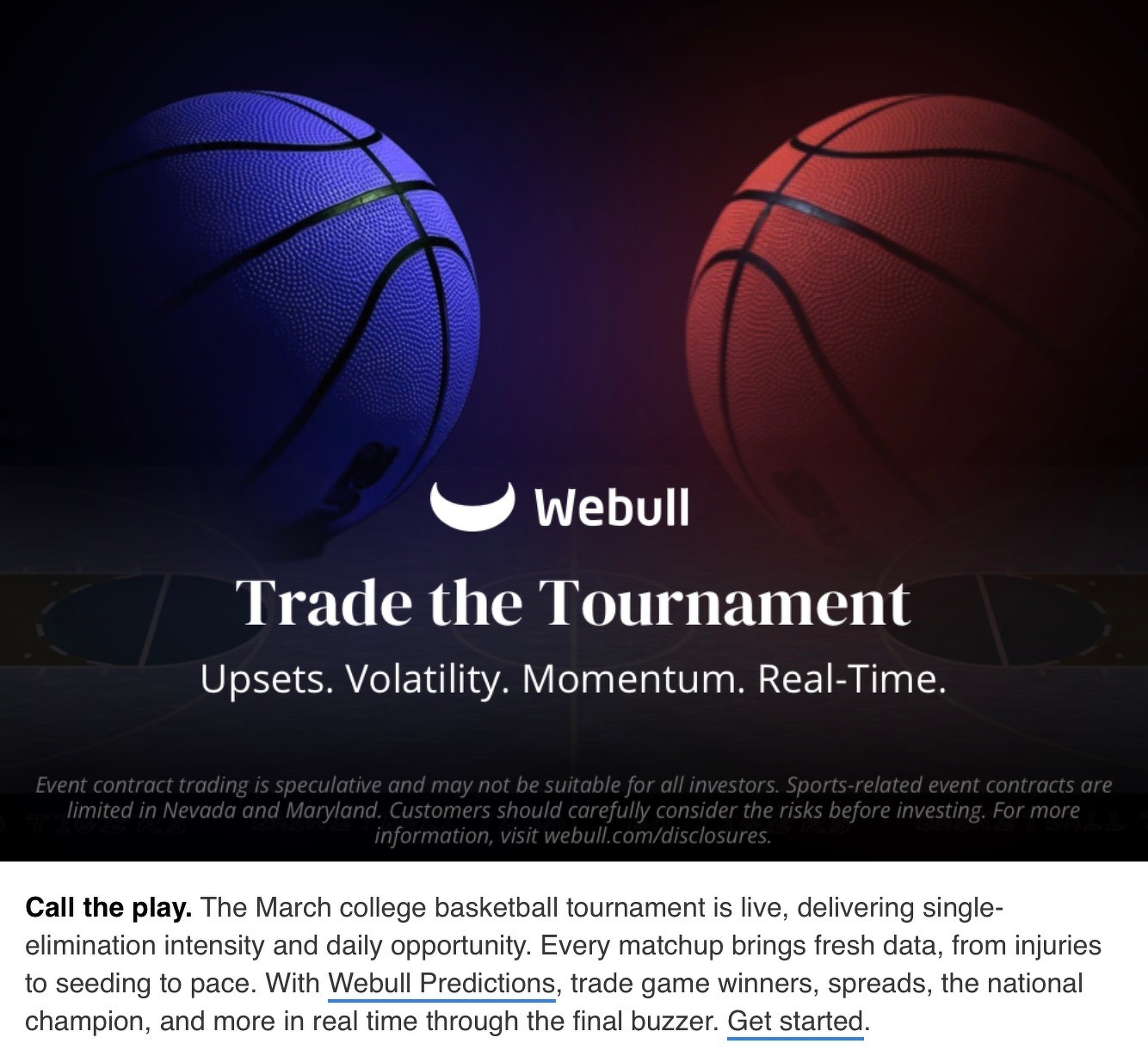 An online ad promoting gambling on the upcoming NCAA basketball tournament. The company is WeBull.
