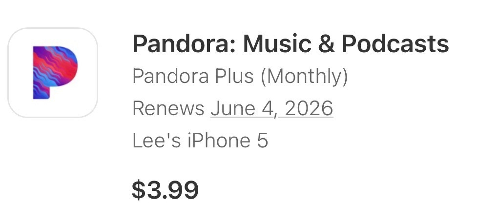 Receipt for Pandora Plus: $3.99