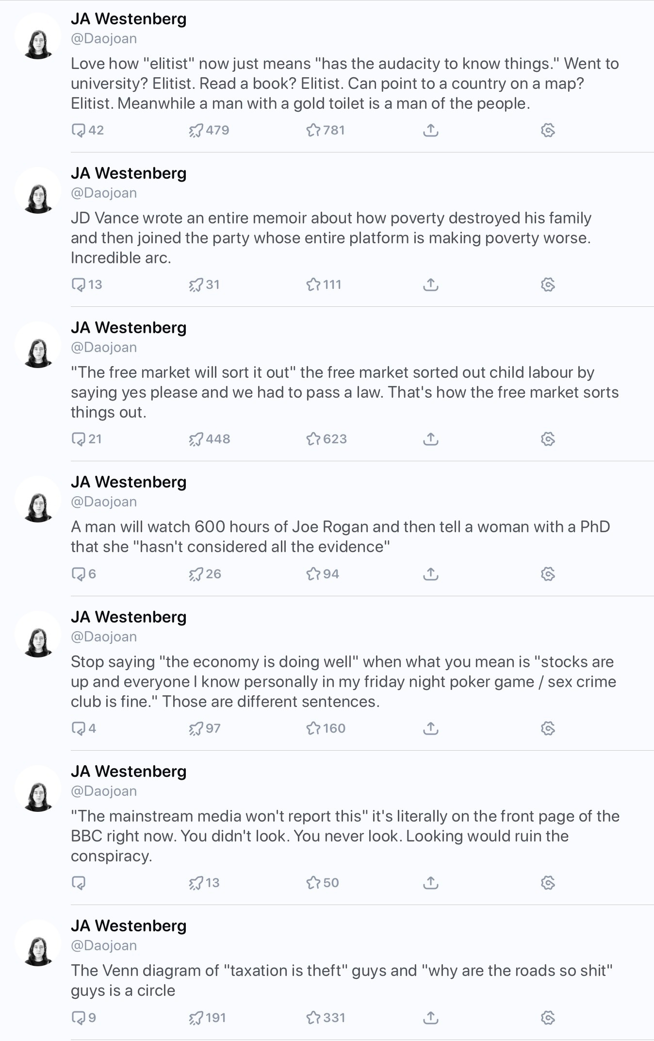 Image of several Mastodon posts by JA Westenberg…too many to quote here.