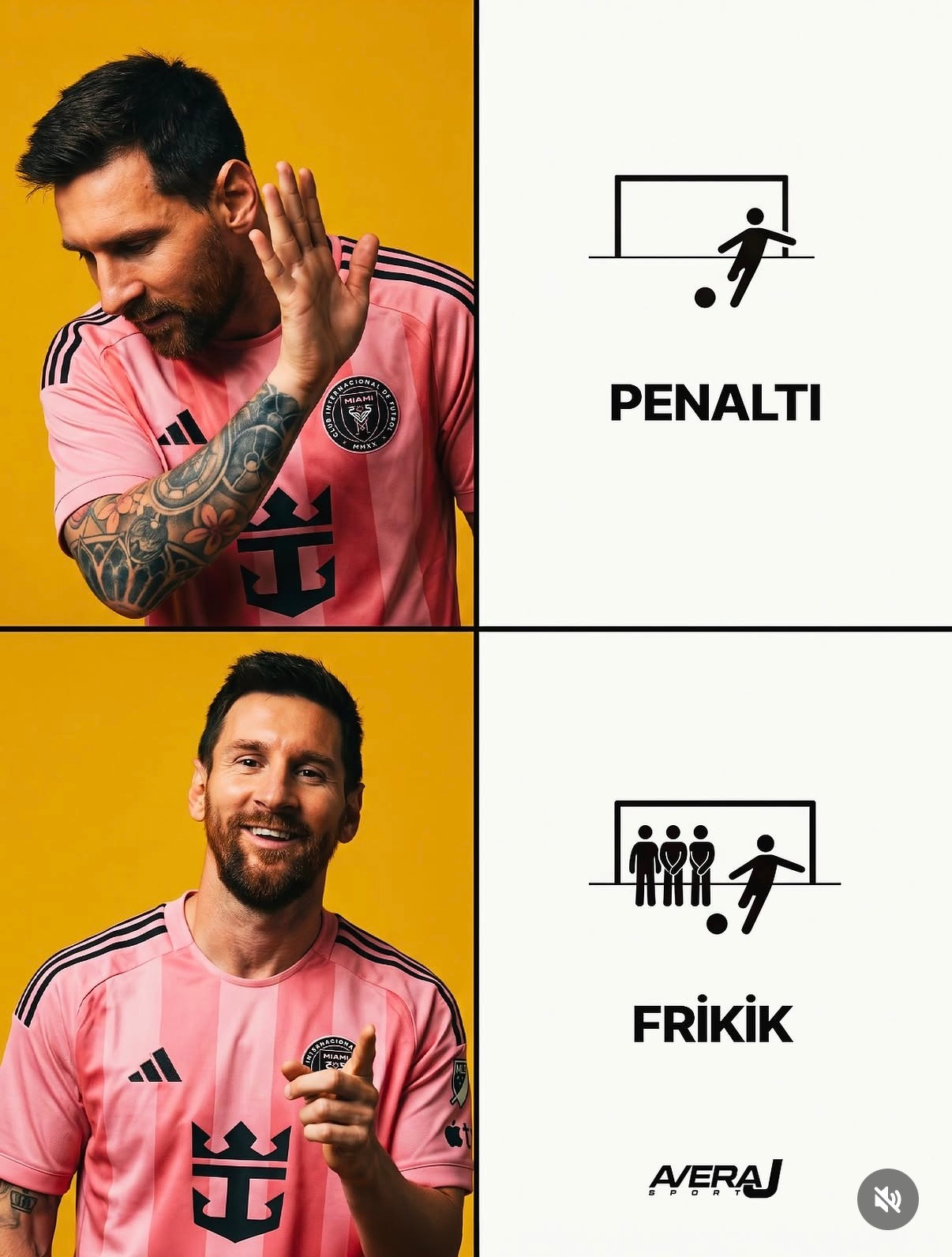 Parody of Drake meme but with Messi talking about free kicks vs penalty kicks