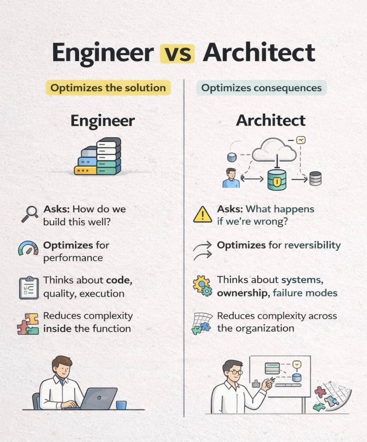 An infographic describing bulleted lists between Enigeers and Architects