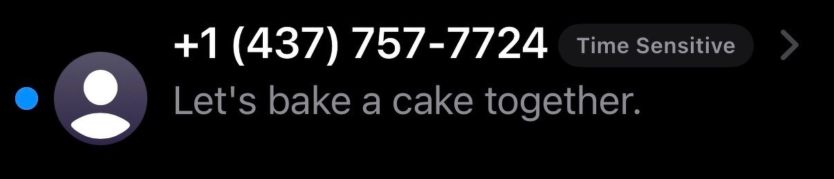 Screenshot of a text message I received saying “Let’s bake a cake together.”