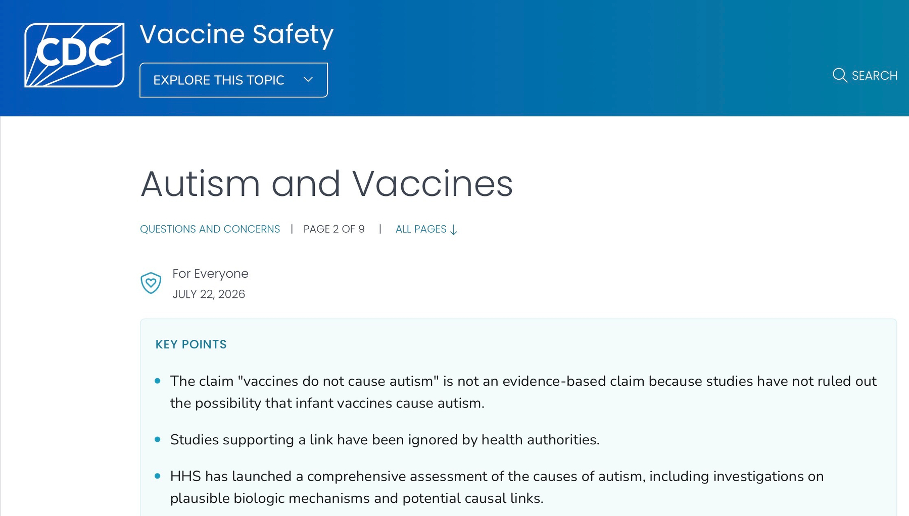 CDC page outright (and falsely) stating that there is a link between vaccines and autism