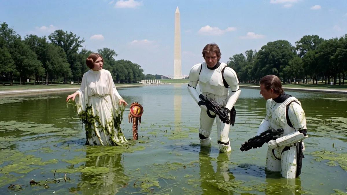 Meme image of the Star War characters from the trash compacter scene, except they’re in the Washington reflecting pool