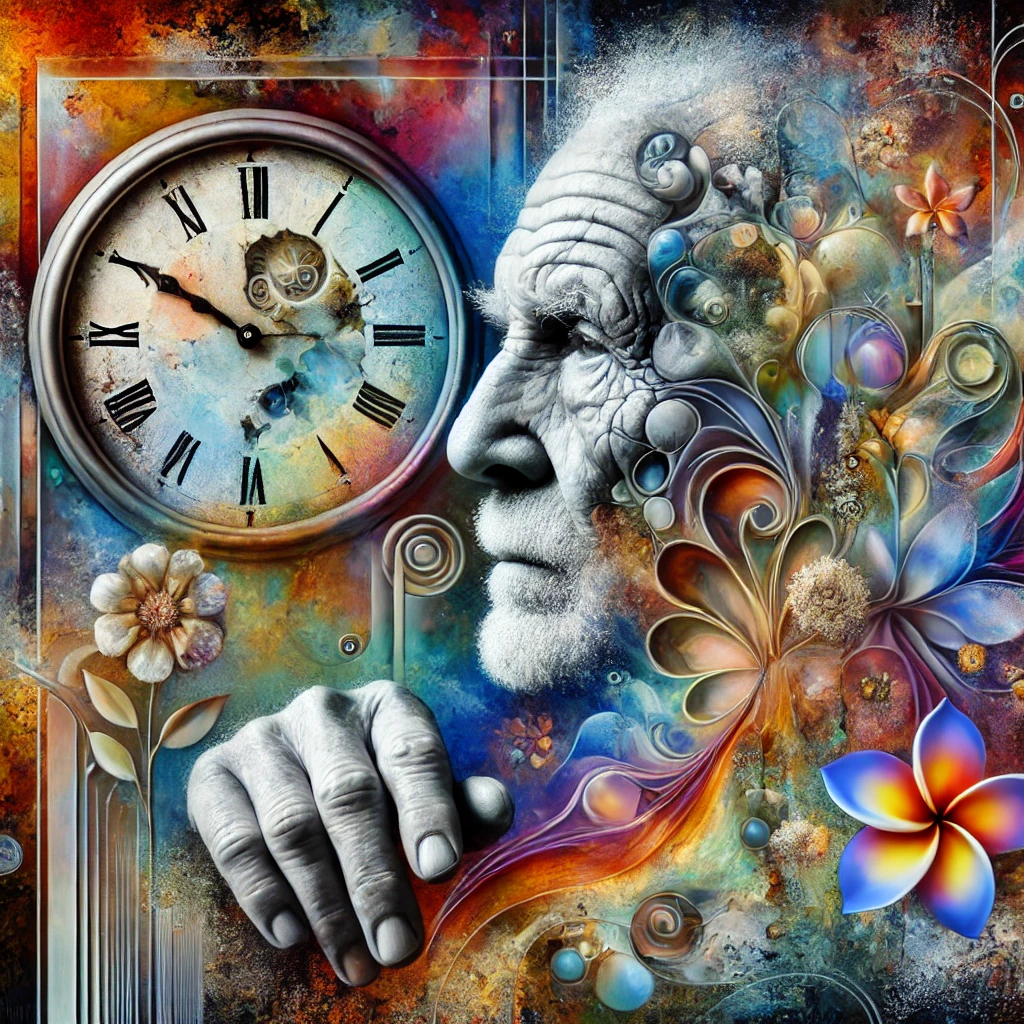 A surreal artwork combines an elderly man's thoughtful expression with vibrant, swirling floral patterns and a large, abstract clock.