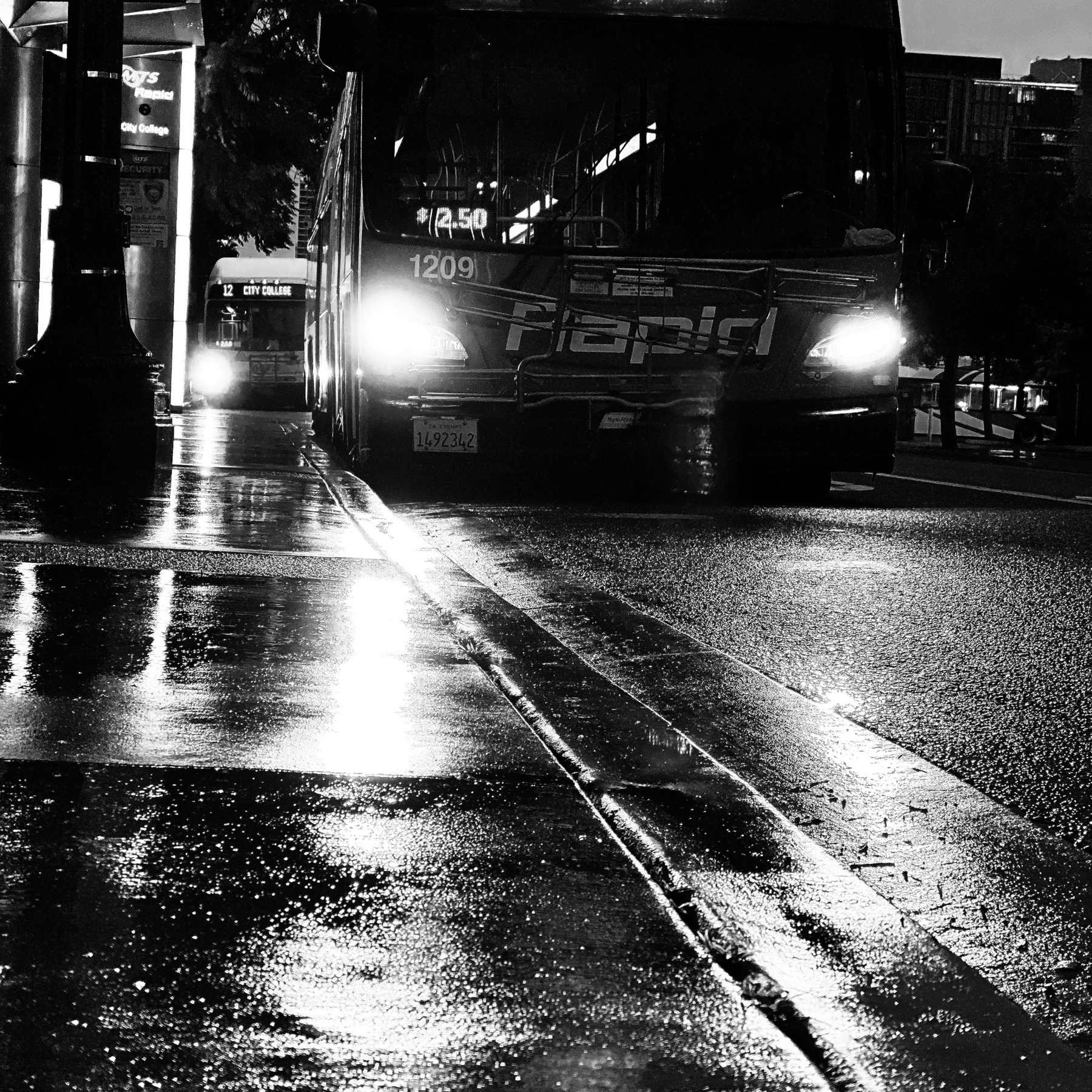 Approaching the bus, headlights reflected off of the rain-slicked sidewalk. 