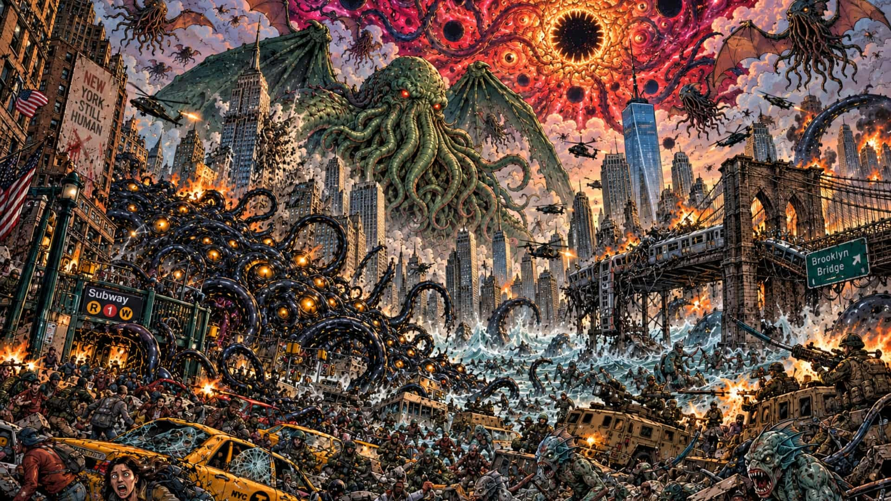AI generated graphic of H. P. Lovecraft's Cthulhu Mythos creatures attacking New York City.