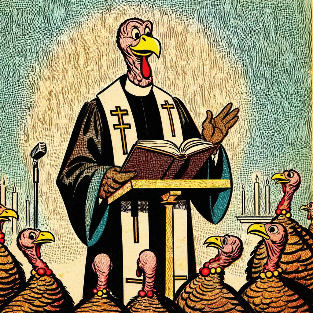 An Anglican turkey priest leads a congregation of turkeys in praying the General Thanksgiving.