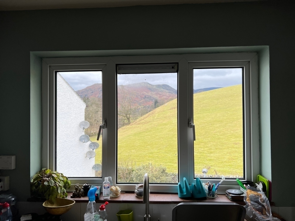 A view from the back window where we’re staying. There are hills, large enough to look like mountains.