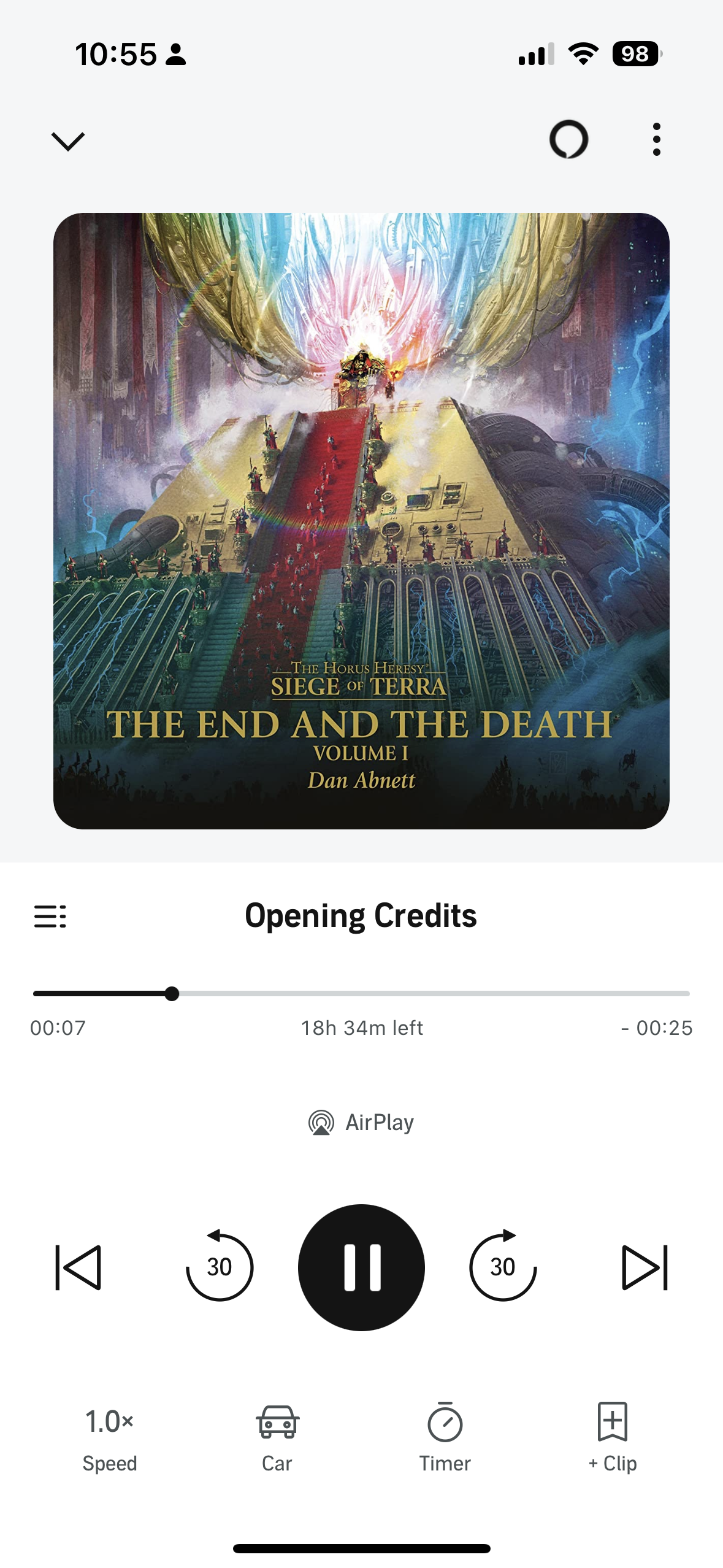 a screenshot of the Audible iOS UI. The in-progress book is The End and the Death, by Dan Abnett