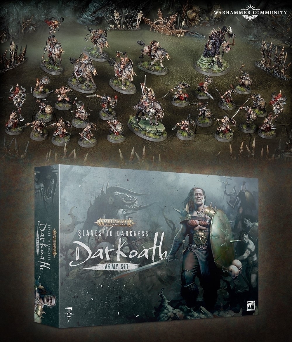 &10;A photo of new Darkoath miniatures, which are of a fantasy barbarian tribe design, above a picture of the “Darkoath” army box, which has an illustration of a character as the the box art