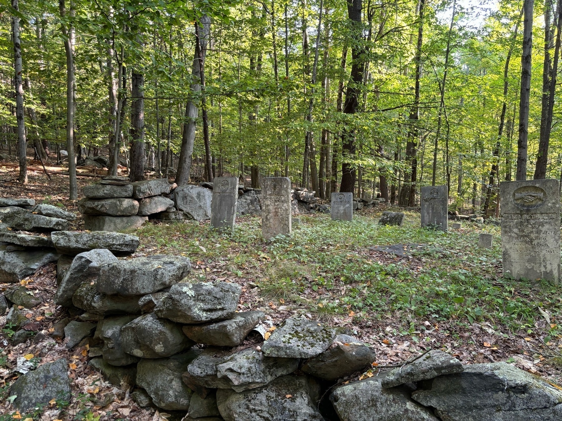 A rock wall, slightly over knee high, built of irregular rocks comfortably larger than a human head, enclosing a cleared space with a handful of rock headstones standing erect.  Trees full of green leaves rise up behind.