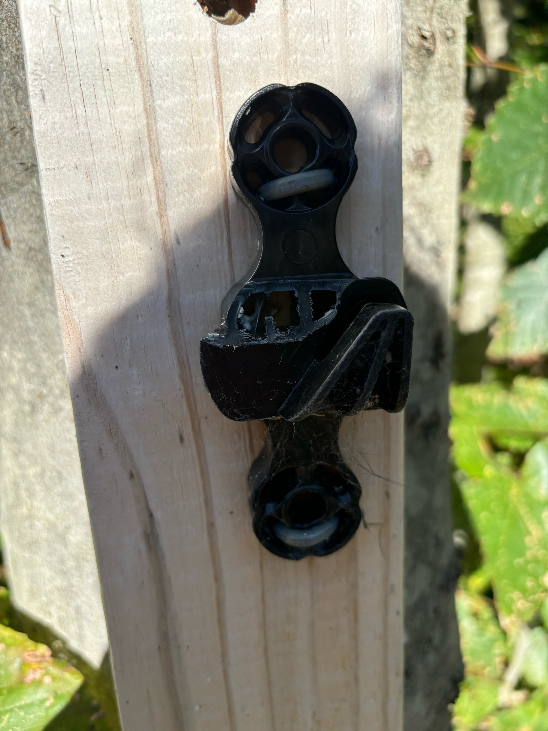 A close up of a plastic anchor intended to hold the wire, nailed into a block of wood.  The top piece that holds the wire in place has broken off