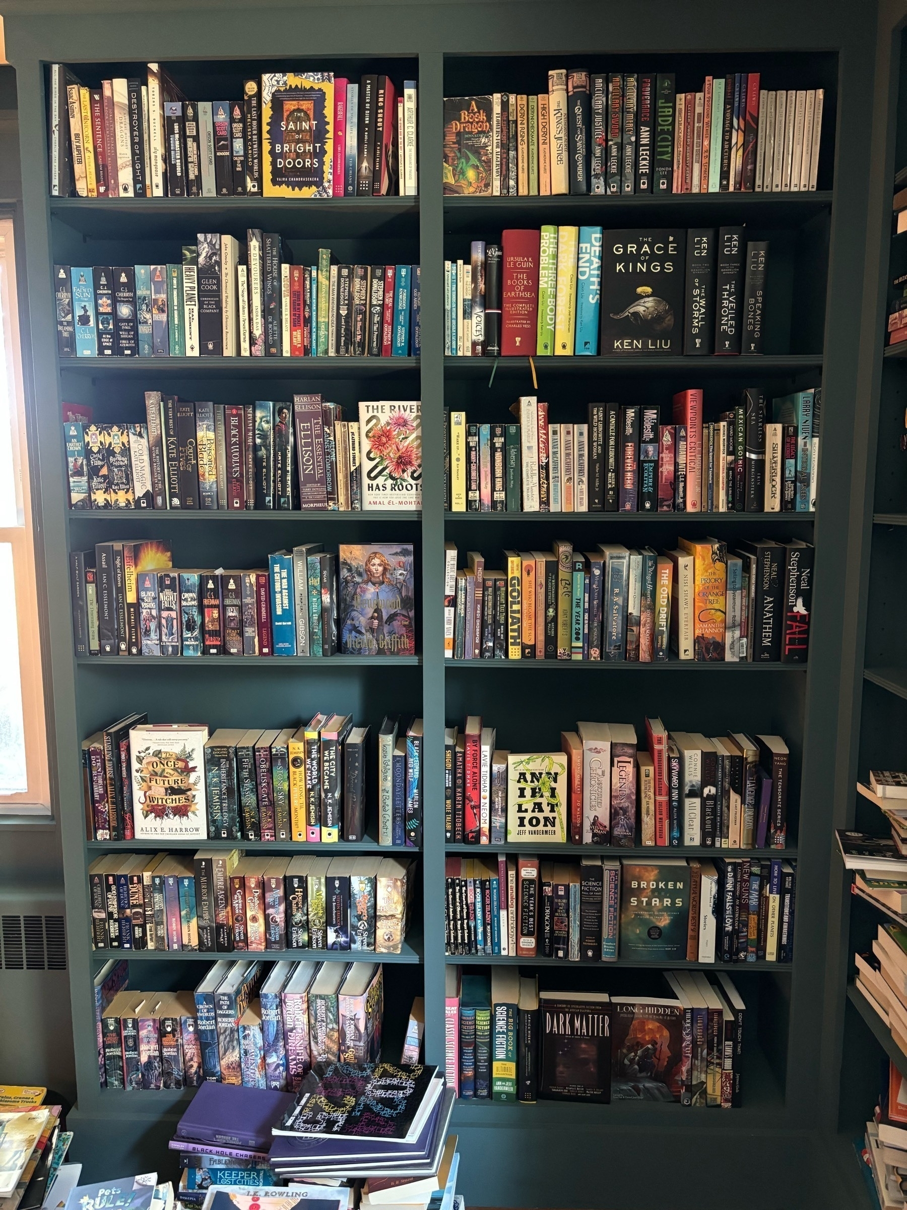 Two bookshelves fully stacked.  A few are facing out including Vajra's Saint of Bright Doors and Ken Liu's Grace of Kings. Generally alphabetical by author, but Robert Jordan and Steven Erikson's series are on bottom shelves on one side, and anthologies of various sorts are the bottom of the other.
