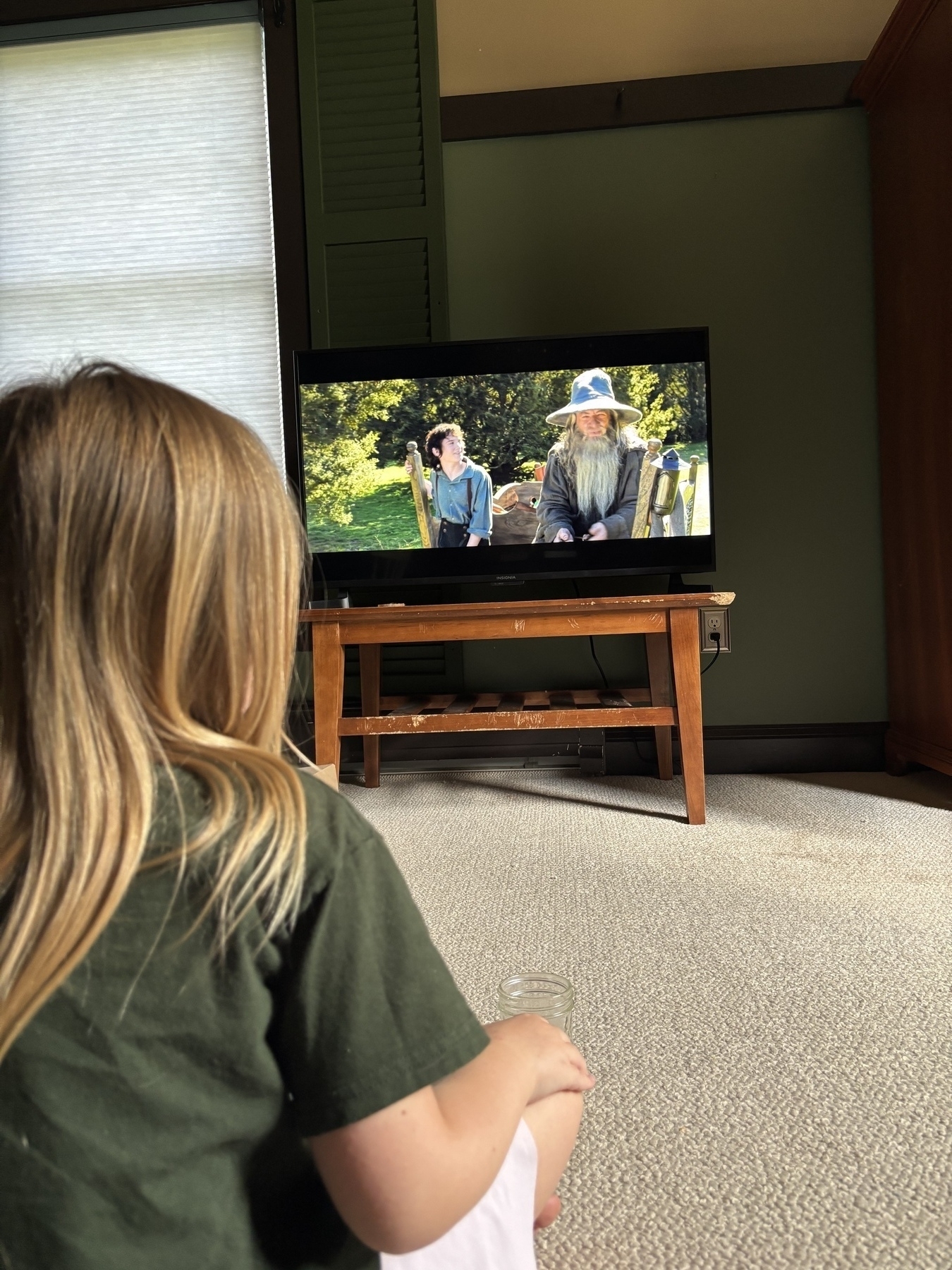 A young blonde kid in a green shirt sits on grey carpet, her back to the camera, entranced by a view of Frodo and Gandalf in the Shire during “Fellowship of the Ring”