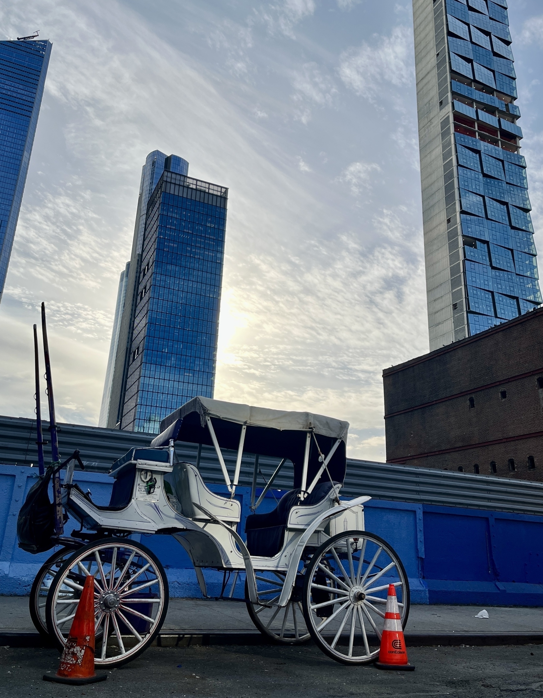A horse chariot is parked on a street between two orange-white cones. In the background, a couple of NYC midtown skyscrapers. 